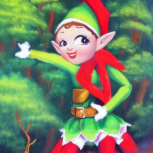 Image similar to cute elf young woman being kawaii and dancing happily through the forest. Award winning oil painting