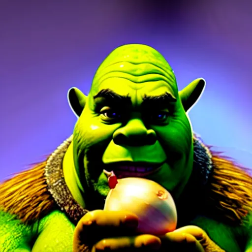 Image similar to a dramatic cinematic shot of shrek eating an onion, 8 k, ultra - realistic