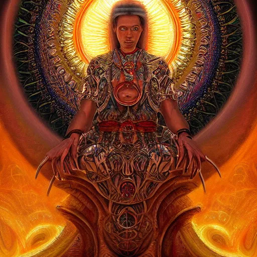 Prompt: the sacred spirit king by GEOGLYPHIKS by FABIÁN JIMÉNEZ by MICHAEL DIVINE by AMANDA SAGE in the style of oil painting visionary art, intricate oil painting artwork. , trending on artstation, greg rutkowski very coherent symmetrical artwork, oil painting