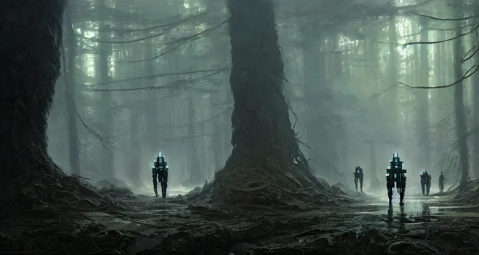 Prompt: hyper realistic sci - fi matte concept art painting of mecha walking through an alien forest, beautiful details, strong composition painted by kim jung guweta studio rutkowski, james gurney and greg rutkowski, and lucasfilm, smooth, intricate, detailed, sharp focus, cinematic