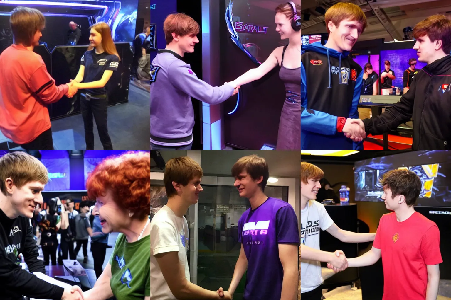 Prompt: Serral Starcraft player shaking hands with The Queen of Blades Starcraft character