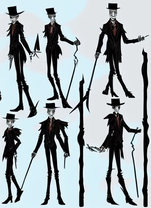 Image similar to DND character concept, Tall skeletal figure, wearing a deep black suit!!! and tie and top hat, holding a golden cane. Surrounded by light blue!!! flames!!