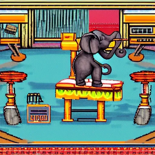 Image similar to a elephant playing drums, sega genesis game