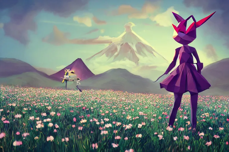 Prompt: lowpoly ps 1 playstation 1 9 9 9 anthropomorphic lurantis girl standing in a field of daisies wearing shoes and a crockett hat, mount doom in the distance digital illustration by ruan jia on artstation