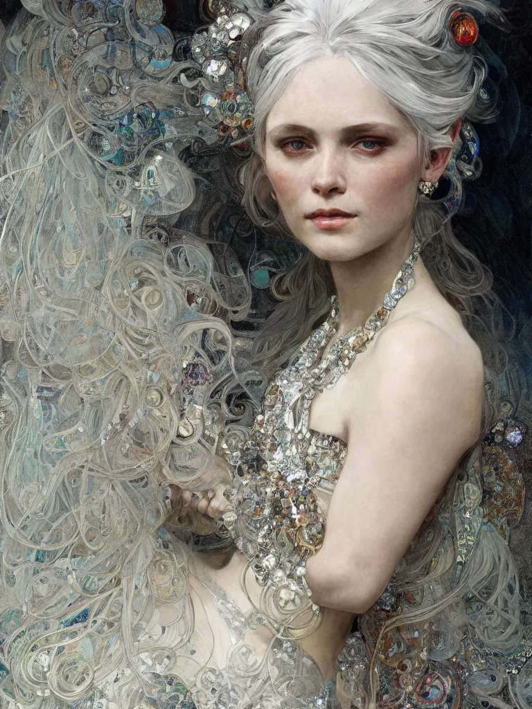 Prompt: a highly detailed beautiful white haired woman, adorned with precious stones, intricate line drawings by jeremy mann and alphonse mucha, 8 k resolution, trending on artstation, very very detailed, masterpiece, stunning,