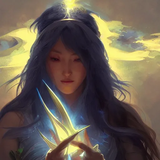 Image similar to Japanese lightning goddess, D&D, blue color palette, highly detailed, digital painting, artstation, concept art, sharp focus, illustration, cinematic lighting, art by artgerm and greg rutkowski and alphonse mucha