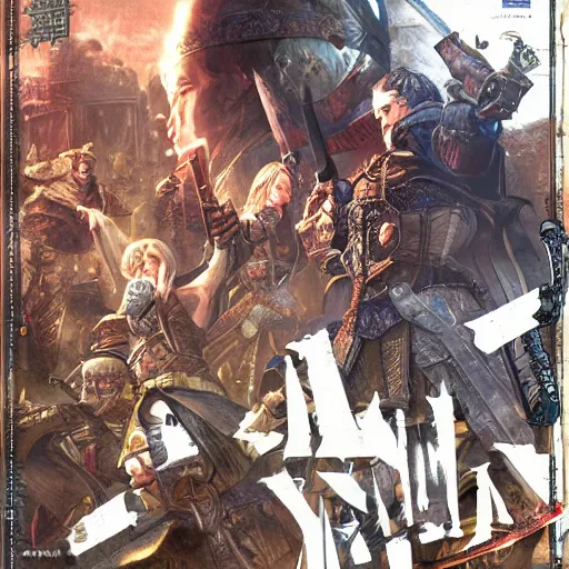 Image similar to Warkly 3 ONLINE GAME, medieval fantasy game poster printed on playstation 2 video game box , Artwork by Akihiko Yoshida, cinematic composition