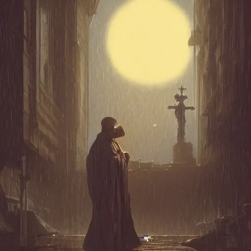 Prompt: a terrified catholic priest, full moon in the background, rainy atmosphere, natural volumetric light, intricate, highly detailed, digital painting, artstation, concept art, sharp focus, illustration, SFW, art by greg rutkowski and alphonse mucha