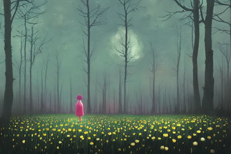 Prompt: giant bunch of daisy flowers head, girl walking in dark forest, surreal photography, dark night, stars, moon light, impressionist painting, clouds, digital painting, artstation, simon stalenhag