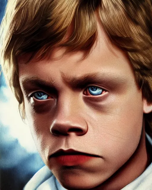 Image similar to high quality portrait of young mark hamill portraying luke skywalker, dark dramatic lighting, portrait insanely detailed, great composition, 8 k, by greg rutowski, trending on artstation, deviantart, beautiful