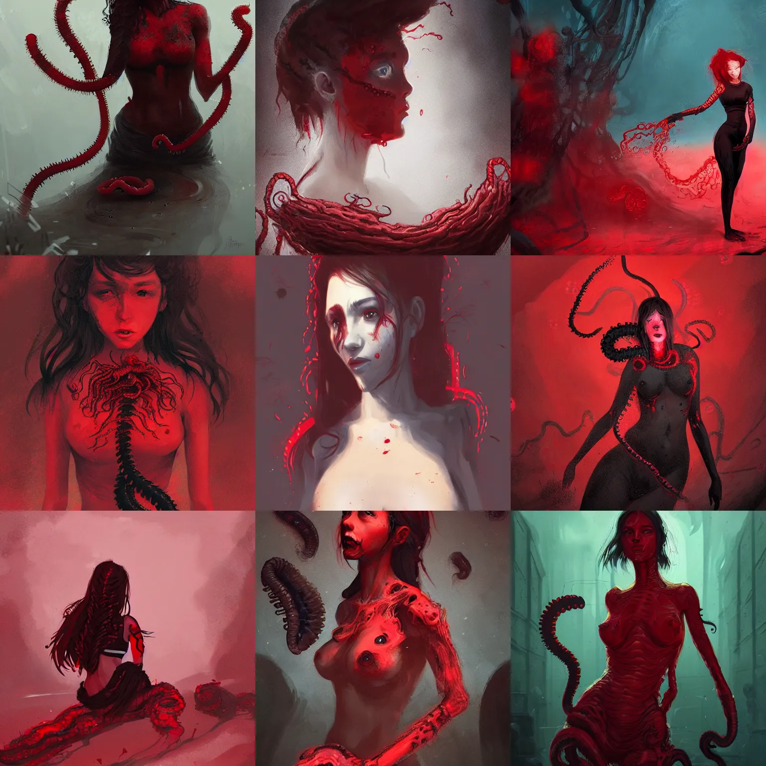 Prompt: beautiful girl with worms coming out of her stomach, lovecraftian horror, red and black color palette, in the style of wlop and greg rutkowski and ilya kuvshino