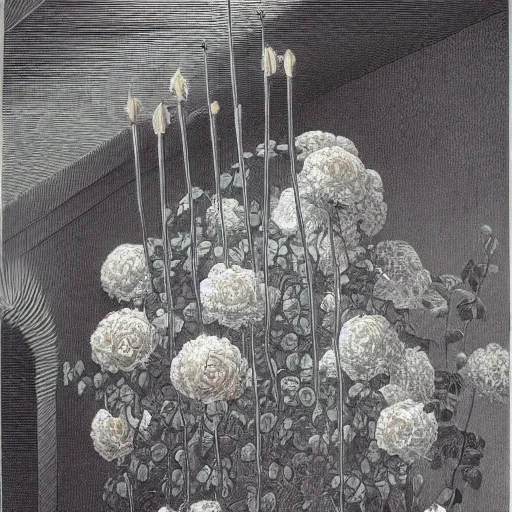 Prompt: futuristic arrangement of roses, style of gustave dore, architectural digest