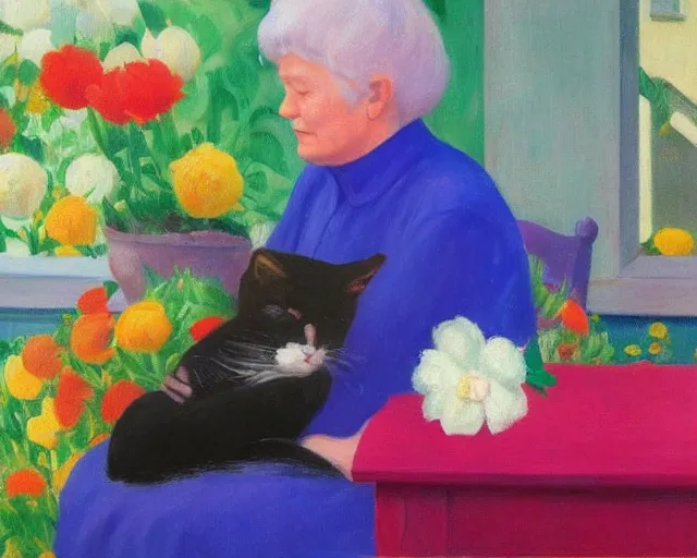 Prompt: detailed portrait of a peaceful old lady and her cat made out of flowers, Edward Hopper, sharp high quality