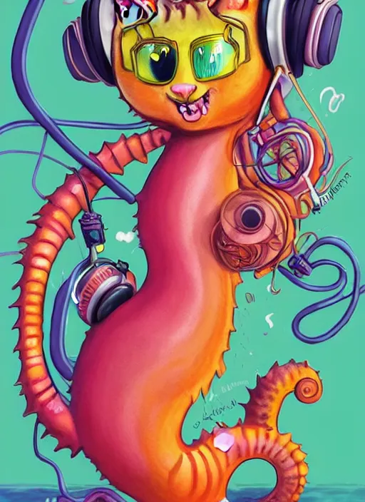 Prompt: cat seahorse fursona wearing headphones, autistic bisexual graphic designer, long haired attractive androgynous humanoid, coherent detailed character design, weirdcore voidpunk digital art by richard scarry, delphin enjolras, leonetto cappiello, furaffinity, cgsociety, trending on deviantart