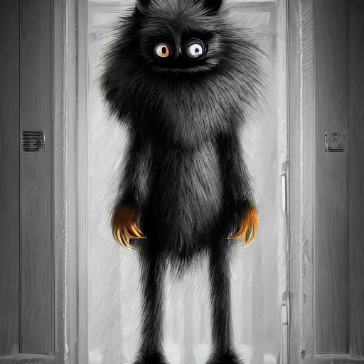 Prompt: a photo of extremely scary tall monster toy covered in fur, standing in the secret room of a mansion, digital art