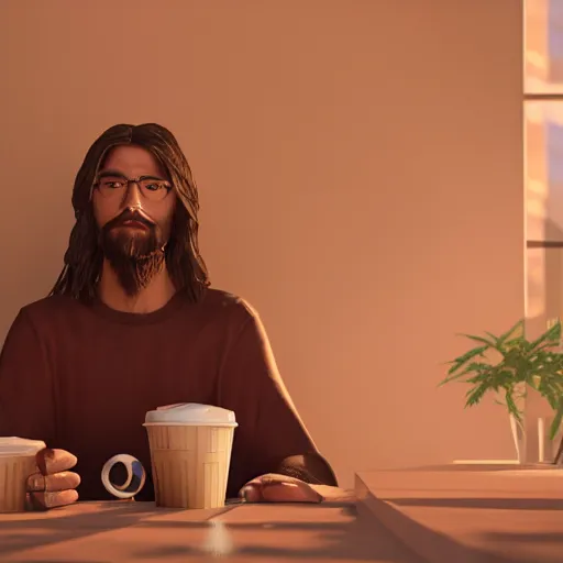 Prompt: hipster jesus ordering starbucks coffee, realistic artstyle, wide shot, dramatic lighting, octane render, hyperrealistic, high quality, highly detailed, HD, unreal engine, beautiful, cinematic