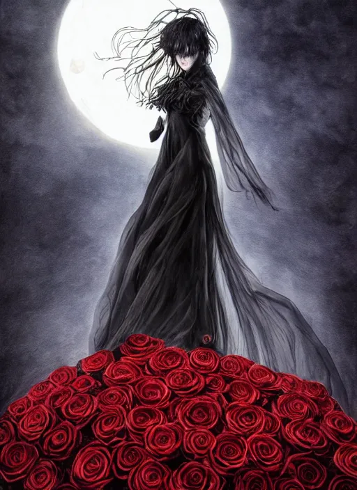 Prompt: portrait, A beautiful dark witch in front of the full big moon, book cover, red roses, red white black colors, establishing shot, extremly high detail, foto realistic, cinematic lighting, pen and ink, intricate line drawings, by Yoshitaka Amano, Ruan Jia, Kentaro Miura, Artgerm, post processed, concept art, artstation, matte painting, style by eddie, raphael lacoste, alex ross