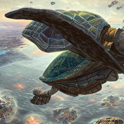 Prompt: Pardubice city,flying in space on a back of giant space turtle, detailed, 4k,painted as a game concept art