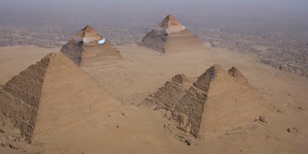 Image similar to A giant mountain in an areal shot of ancient egypt in front of the Pyramids