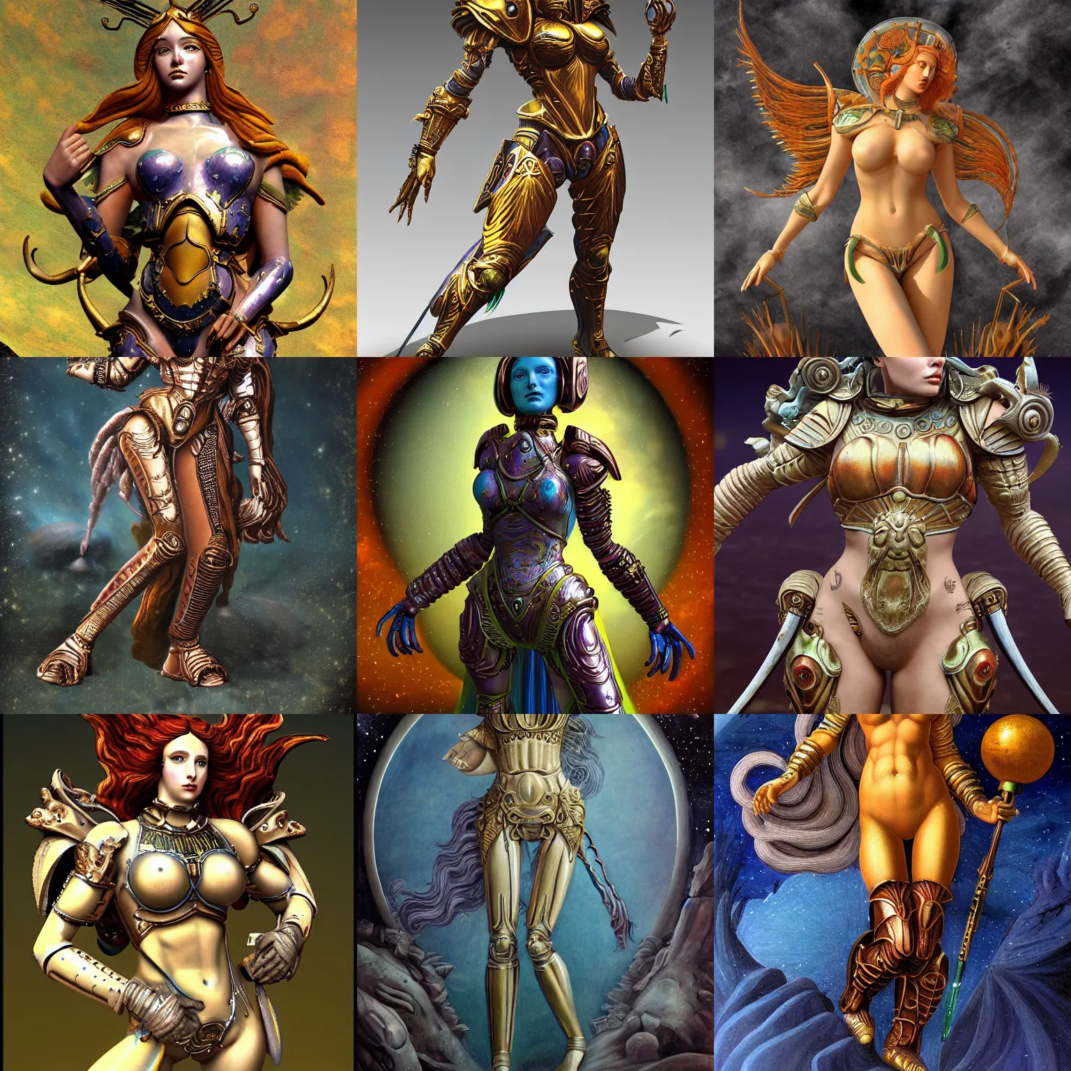 Prompt: venus goddess in ancient alien planet sci-fi armor, in the style of sandro botticelli, stylized, highly detailed, trending on artstation, award winning, painted warhammer miniature