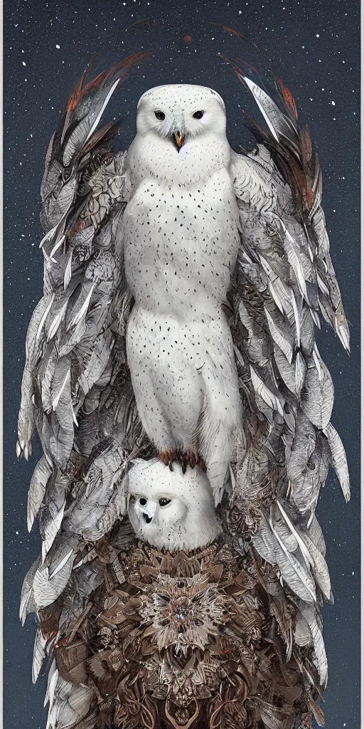 Image similar to portrait of a geometric snowy owl, identical eyes, medium shot, illustration, full body made of white feathers, lily flower quebec flag, symmetrical, art stand, super detailed, cinematic lighting, and its detailed and intricate, gorgeous, by peter mohrbacher