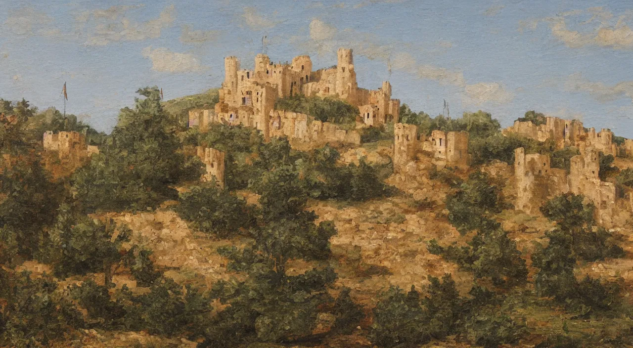 Prompt: a landscape painting of a byzantine castle