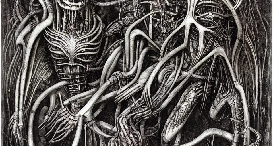 Prompt: the two complementary forces that make up all aspects and phenomena of life, by HR Giger