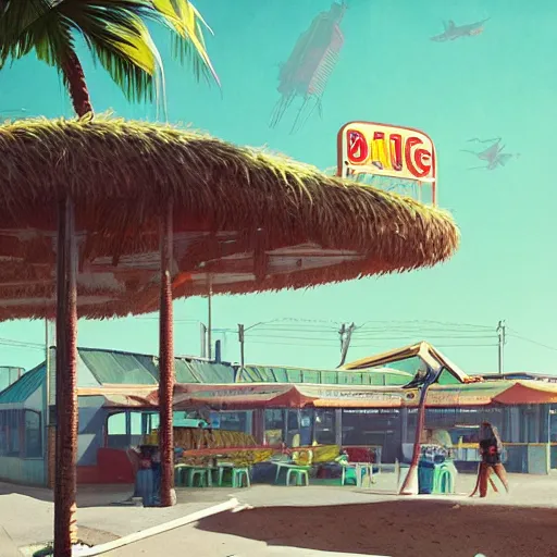 Prompt: inside beachfront fast food restaurant with palm trees by simon stalenhag