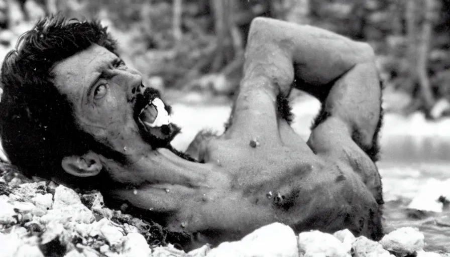 Image similar to 1 9 6 0 s movie still close up of skinny marcus aurelius with open mouth frozen to death in a river with gravel, pine forests, cinestill 8 0 0 t 3 5 mm b & w, high quality, heavy grain, high detail, texture, dramatic light, anamorphic, hyperrealistic, foggy