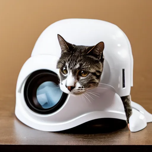 Image similar to a cat wearing a stormtrooper helmet while on the kitchen table, 40nm lens, shallow depth of field, split lighting, 4k,