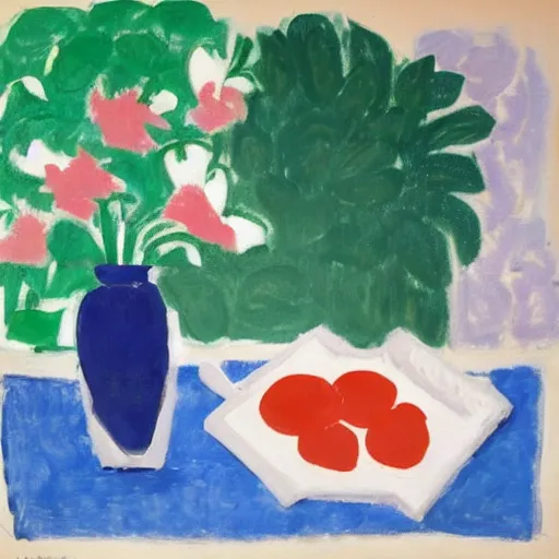 Prompt: icebox with milk cartons, painting in the style of henri matisse.
