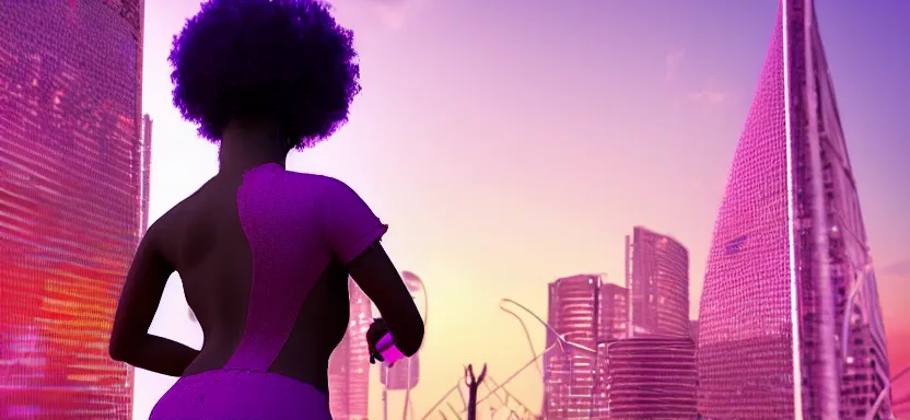 Image similar to portrait of a beautiful black woman with afro hair, cyberpunk rio de janeiro background, digital art, trending on artstation, global illumination, backlit, purple and blue, corcovado on the background