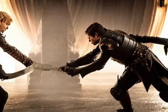 Image similar to very very intricate photorealistic photo of jaime lannister fighting cersei, photo is in focus with detailed atmospheric lighting, award - winning details