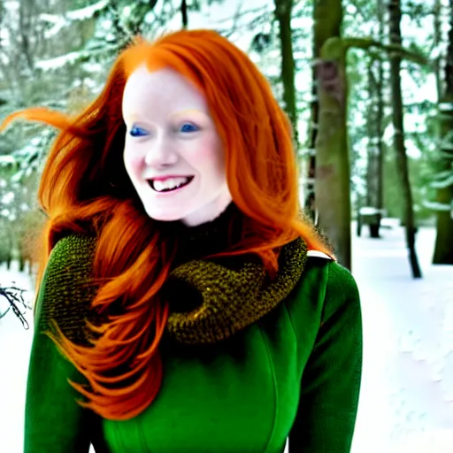 Image similar to redhead women in a green dress, with pockets, photorealistic, winter scenario