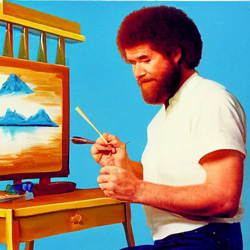 Image similar to Bob Ross painting an ice cream sundae, tv show, 90s, vintage, old-school, artist, brush,