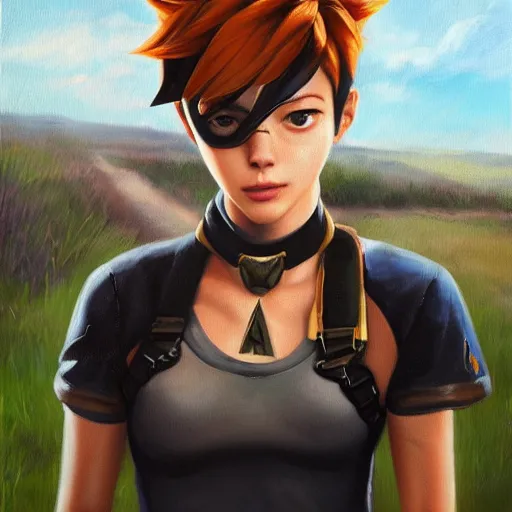 Image similar to oil painting of tracer overwatch in a field wearing spiked collar around neck, in style of raymond swanland, expressive face, wearing choker, steel collar, steel choker, wearing collar on neck, detailed face, detailed eyes, full body, feminine face, tracer overwatch,