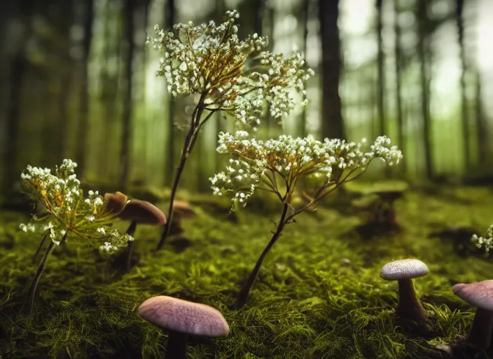 Prompt: a fantasy forest on an alien planet with delicate flowers and mushrooms that glow in the dusk, macro close up, bokeh,