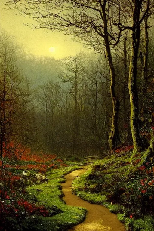 Image similar to beautiful matte painting by john atkinson grimshaw concept art fantasy path mountains and meadow in the background near a lake reflecting the trees, atmospheric lighting, painted, intricate, volumetric lighting, beautiful, rich deep colors masterpiece, sharp focus, ultra detailed by
