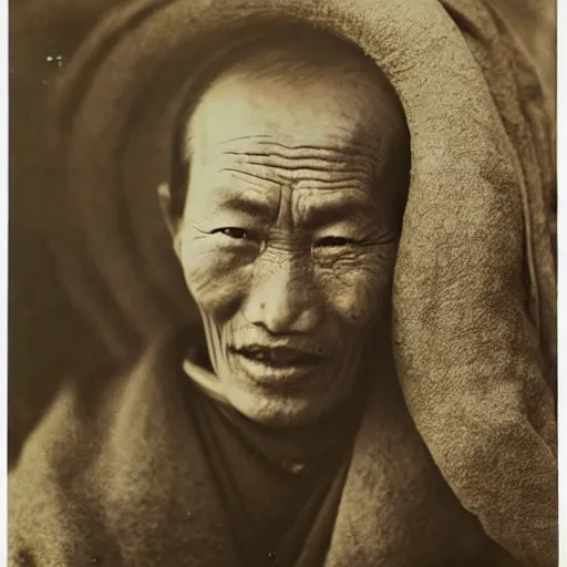 Image similar to ultra realistic vintage photo portrait of a tibetan man with a gigantic hole in the forehead, by Annie Leibovitz,