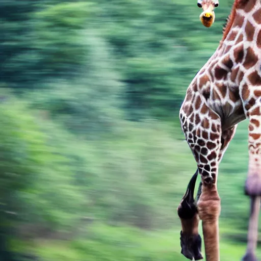 Image similar to An action photo of a giraffe with old school brown pilot goggles riding mountainbike, fast towards the camera, motion blur, high detail, wide shot