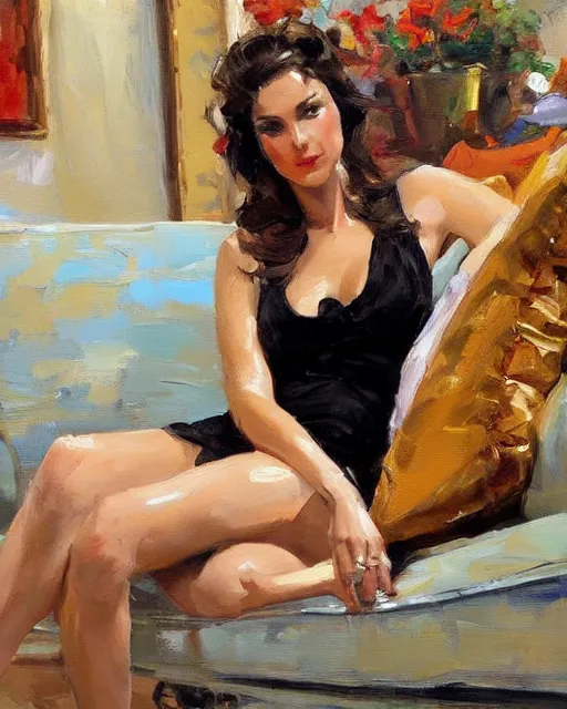 Image similar to a painting of a woman sitting on a couch, a fine art painting by michael garmash and richard s. johnson, deviantart, figurative art, detailed painting, oil on canvas, fine art