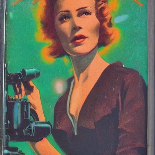 Image similar to vintage sci-fi book cover, high detail, portrait of a beautiful woman, film grain