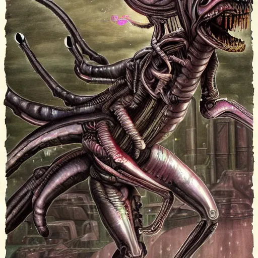 Prompt: detailed painting of a hybrid between a xenomorph and a my little pony, in the style of h r giger and wayne barlowe