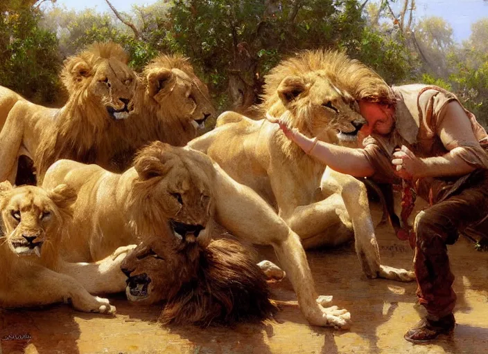 Image similar to a couple in love feeding the lions, highly detailed painting by gaston bussiere, craig mullins, j. c. leyendecker