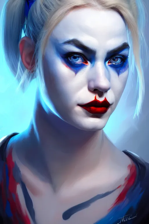 Image similar to ultra detailed half body portrait of harley quinn, blue eyes, sharp bone structure, extremely detailed digital painting, in the style of fenghua zhong and ruan jia and jeremy lipking and peter mohrbacher, mystical colors, rim light, beautiful lighting, 8 k, stunning scene, raytracing, octane, trending on artstation