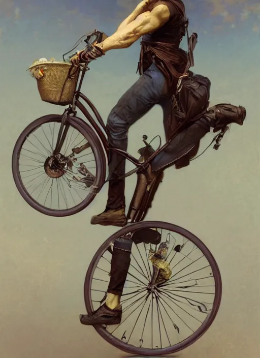 Image similar to Ben Shapiro riding a unicycle, sigma male, accurately portrayed, portrait art by alphonse mucha and greg rutkowski, highly detailed, digital painting, concept art, illustration, dim lighting with twilight rays of sunlight, trending on artstation, very detailed, smooth, sharp focus, octane render, close up