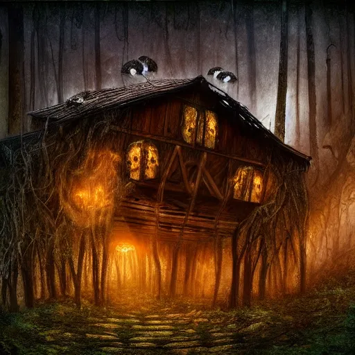 Prompt: collapsed wooden house in mythical forest with creepy ambiance, vines hanging from trees, glowing fireflies, hazy, by hr giger, sharp focus, highly detailed