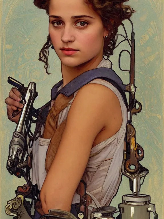 Image similar to an art nouveau style head and shoulders portrait oil painting of a pretty young alicia vikander as a mechanic in a dirty coveralls holding a wrench, in front of a round, complex rotary airplane engine, intricate, detailed, smooth, complex, elaborate, by alphonse mucha and james gurney and john william waterhouse