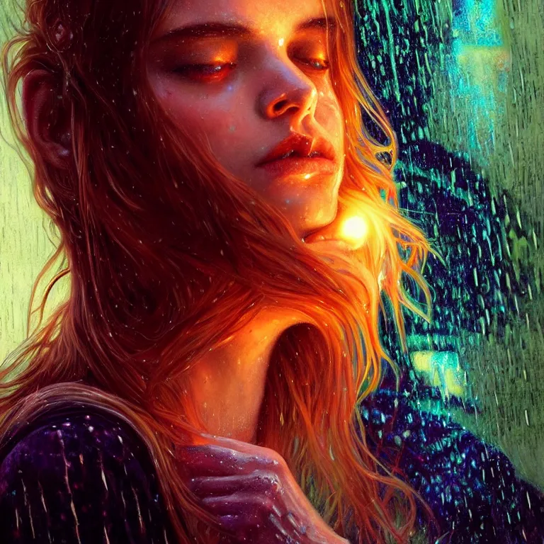 Image similar to bright asthetic portrait LSD glowing backlit rain on face and wet hair, fantasy, intricate, elegant, dramatic lighting, highly detailed, lifelike, photorealistic, digital painting, artstation, illustration, concept art, smooth, sharp focus, art by John Collier and Albert Aublet and Krenz Cushart and Artem Demura and Alphonse Mucha