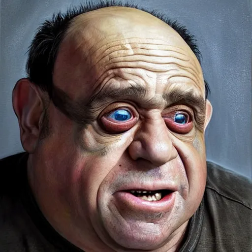 Image similar to hyperrealistic mixed media high resolution painting of (Danny DeVito) is Gollum, stunning 3d render inspired art by Jamie Salmon and István Sándorfi and Unreal Engine and Greg Rutkowski, perfect facial symmetry, dim volumetric lighting, 8k octane beautifully detailed render, full body shot, post-processing, extremely hyper-detailed, intricate, epic composition, highly detailed attributes, highly detailed atmosphere, cinematic lighting, masterpiece, trending on artstation, very very detailed, masterpiece, stunning, flawless completion, lifelike texture, perfection,